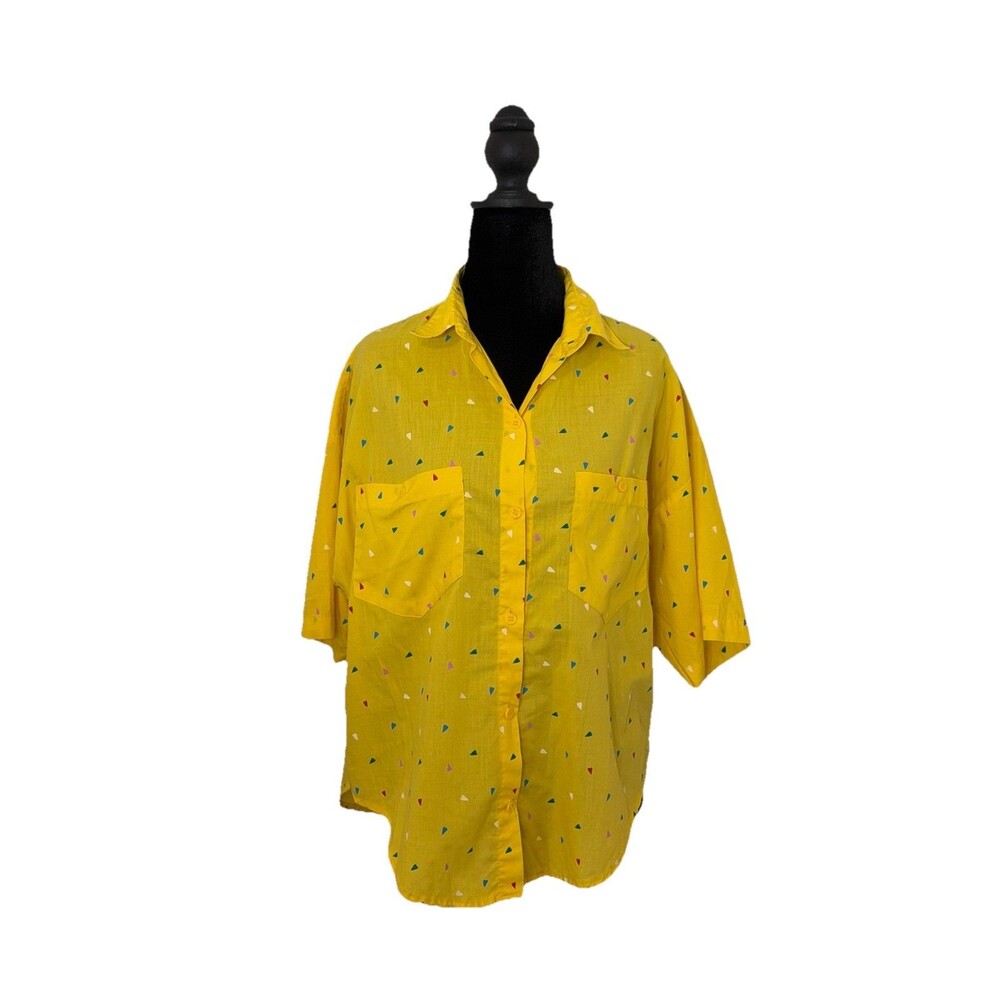 Vintage Tippy Tops Geometric/Heart Print Shirt Womens Large Yellow 80s 90s